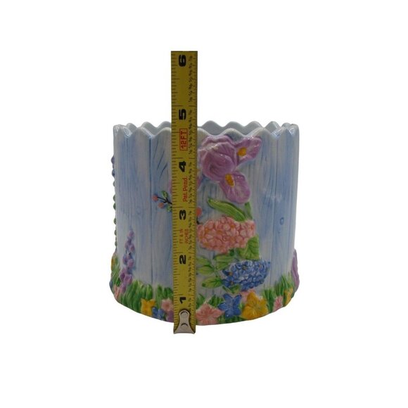 Hand Painted Floral Pattern Ceramic Planter Spring Easter Scalloped Edge Pastels - Picture 7 of 9